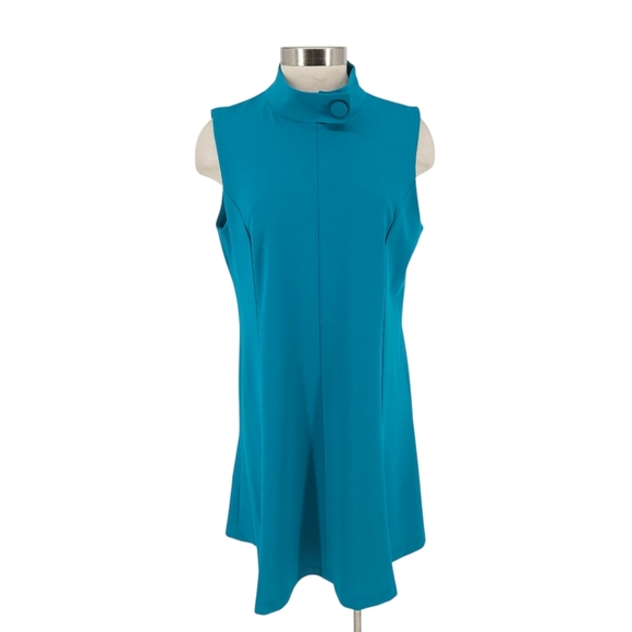 Calvin Klein Retro Fit Flare Dress Blue Sleeveless Button High Neck Zip 14 - Picture 1 of 9